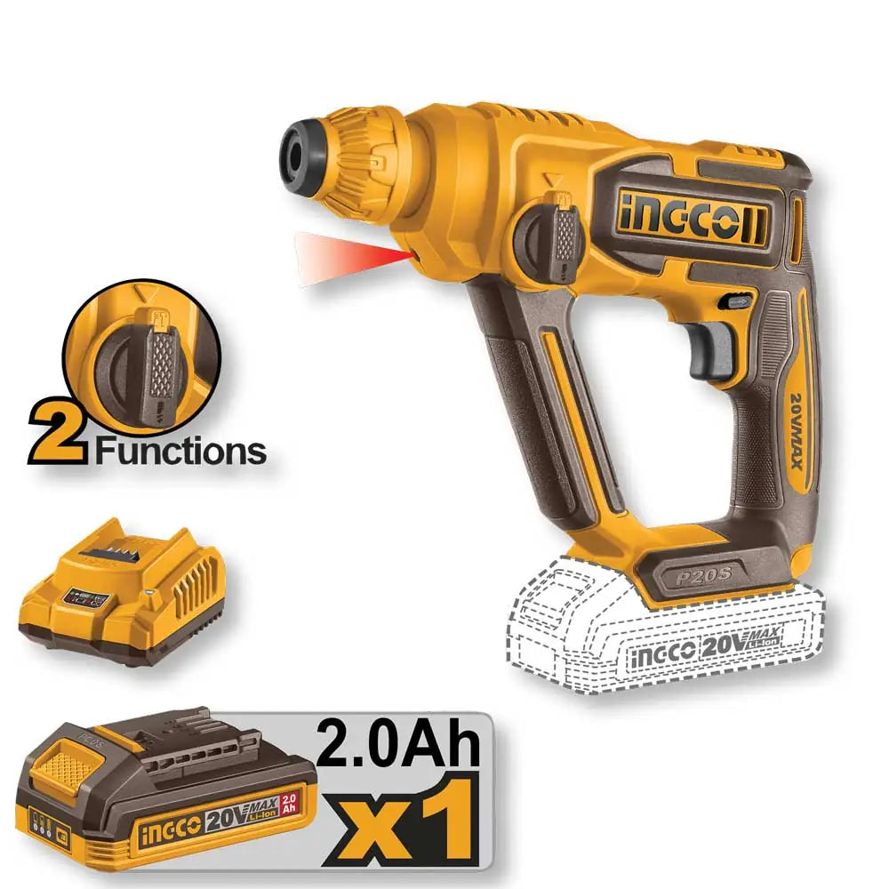 Tassellatore a batteria 20V Ingco giallo e nero con funzione di illuminazione a LED, include batteria 2Ah, caricabatterie e valigetta di trasporto