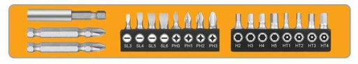 Set di 16 punte per avvitatore a batteria 4V Ingco, con diverse tipologie di inserti per lavori di precisione e fai-da-te.