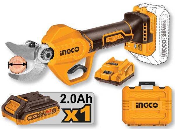 Forbice da potatura 20V Brushless con batteria da 2Ah, caricabatterie e valigetta inclusi, ideale per tagli fino a 30mm.