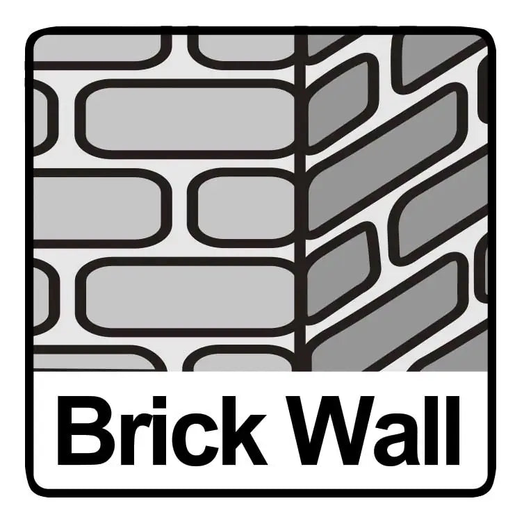 Icona di muro di mattoni con scritta Brick Wall, rappresenta il supporto per fissaggi in muratura, design semplice in bianco e nero