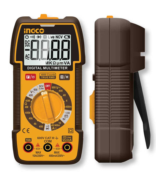 Multimetro digitale tascabile Ingco con display LCD, corpo nero e giallo, rotella di misurazione, porte di ingresso e pulsanti, ideale per elettricisti