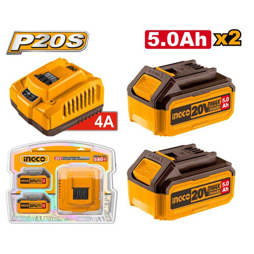 Kit di batterie 5Ah e caricabatterie rapido Ingco P20S, compatibile con utensili elettrici, in plastica gialla e nera, con due batterie incluse - SKU: I/FBCPK2513E