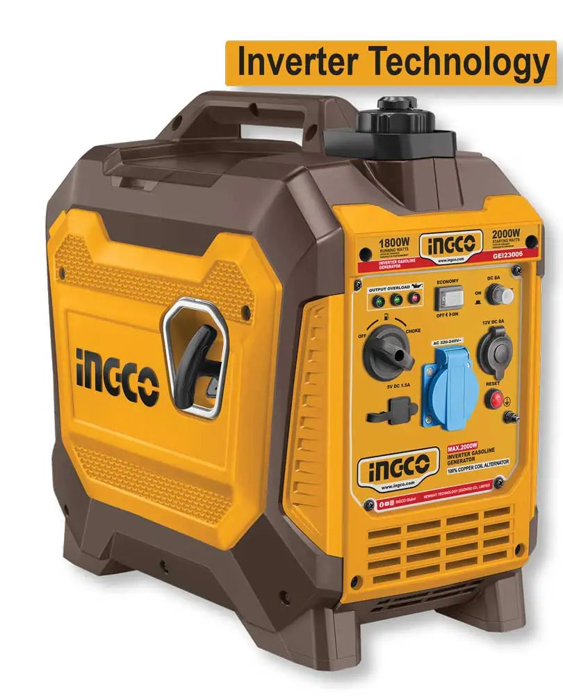 Generatore inverter a benzina 2KW INGCO con corpo resistente in plastica gialla e marrone, prese di corrente e maniglia portatile