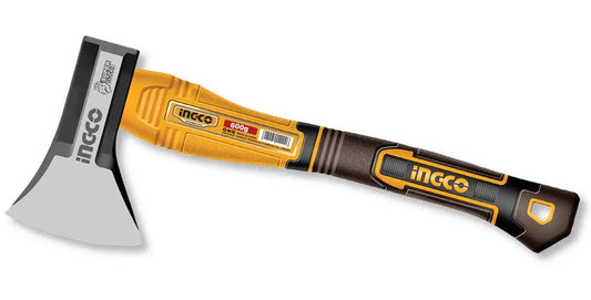 Ascia con impugnatura in resina e lama in acciaio, compatta e resistente, ideale per lavori intensivi, con design ergonomico e manico antiscivolo