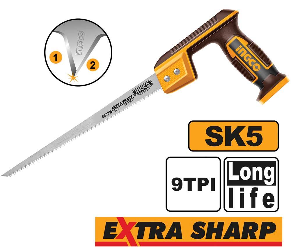 Segaccio a mano con lama da 300 mm in acciaio SK5, impugnatura ergonomica con dettagli arancioni, taglio rapido e preciso su legno