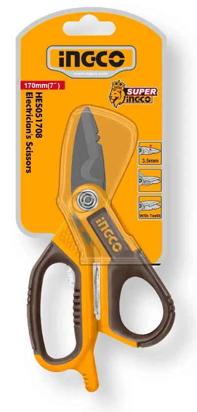 Imballaggio delle forbici elettricista Ingco da 170mm in plastica trasparente con etichetta arancione e logo Ingco