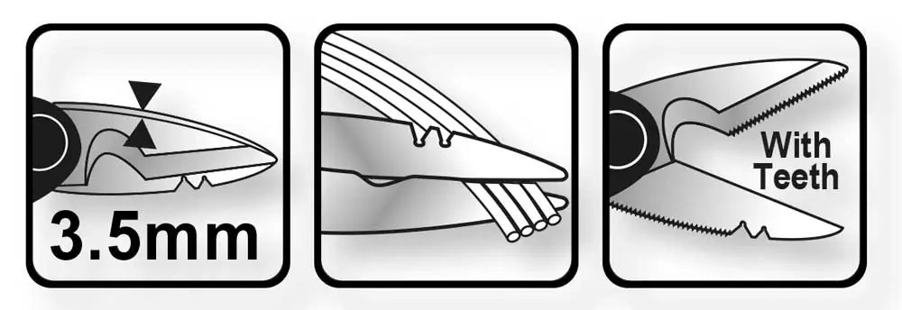 Istruzioni illustrate per l'uso delle forbici elettricista, con capacità di spelafili 3,5mm e taglio con denti