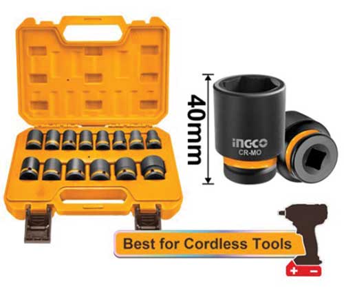 Set di 14 bussole ad impatto 1/2 pollice da 10 a 27 mm in valigetta gialla, realizzate in Cr-Mo con trattamento termico per resistenza.