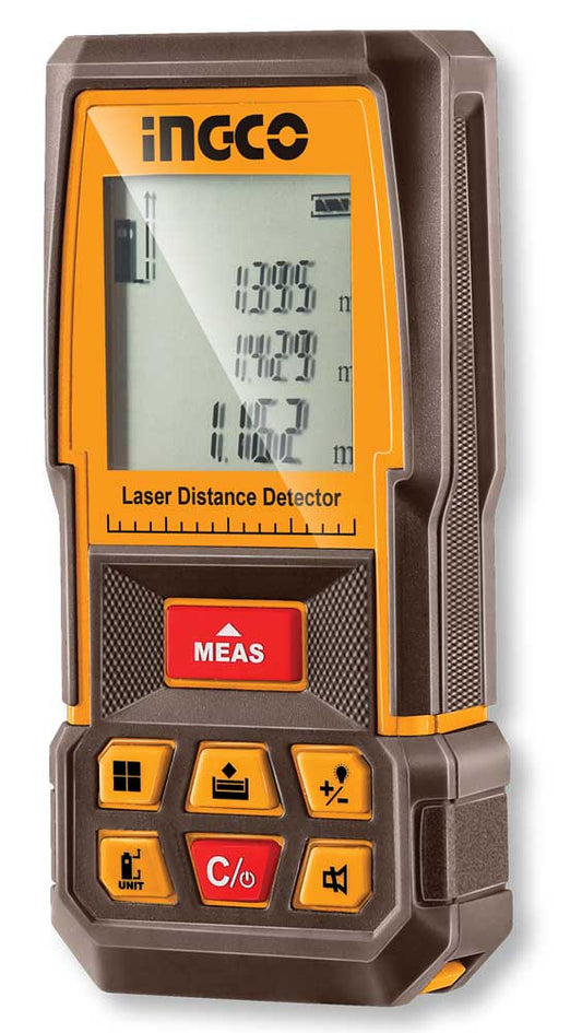 Metro Laser Ingco 0,05-70MT con schermo LCD retroilluminato e pulsanti multifunzione per misurazioni precise.