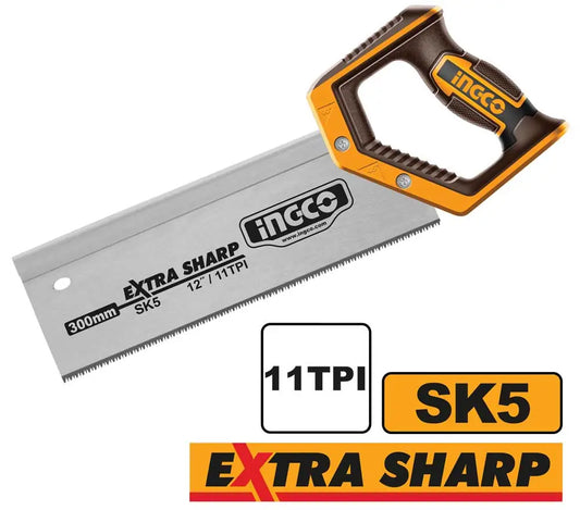 Sega per pannelli Ingco 300mm con lama SK5 11TPI, taglio fine e preciso, manico ergonomico nero e giallo, ideale per lavori di falegnameria