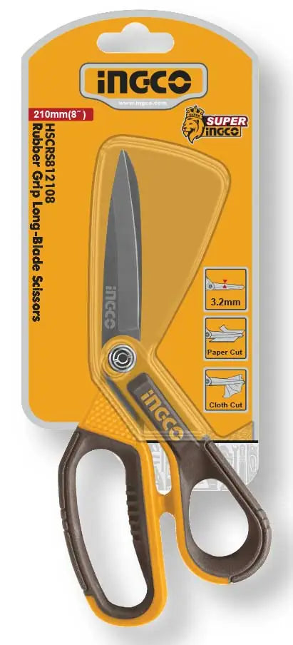 Forbice Ingco con lama da 210mm, confezionata in blister, manici antiscivolo gialli e neri, perfetta per taglio carta, tessuti e metallo sottile