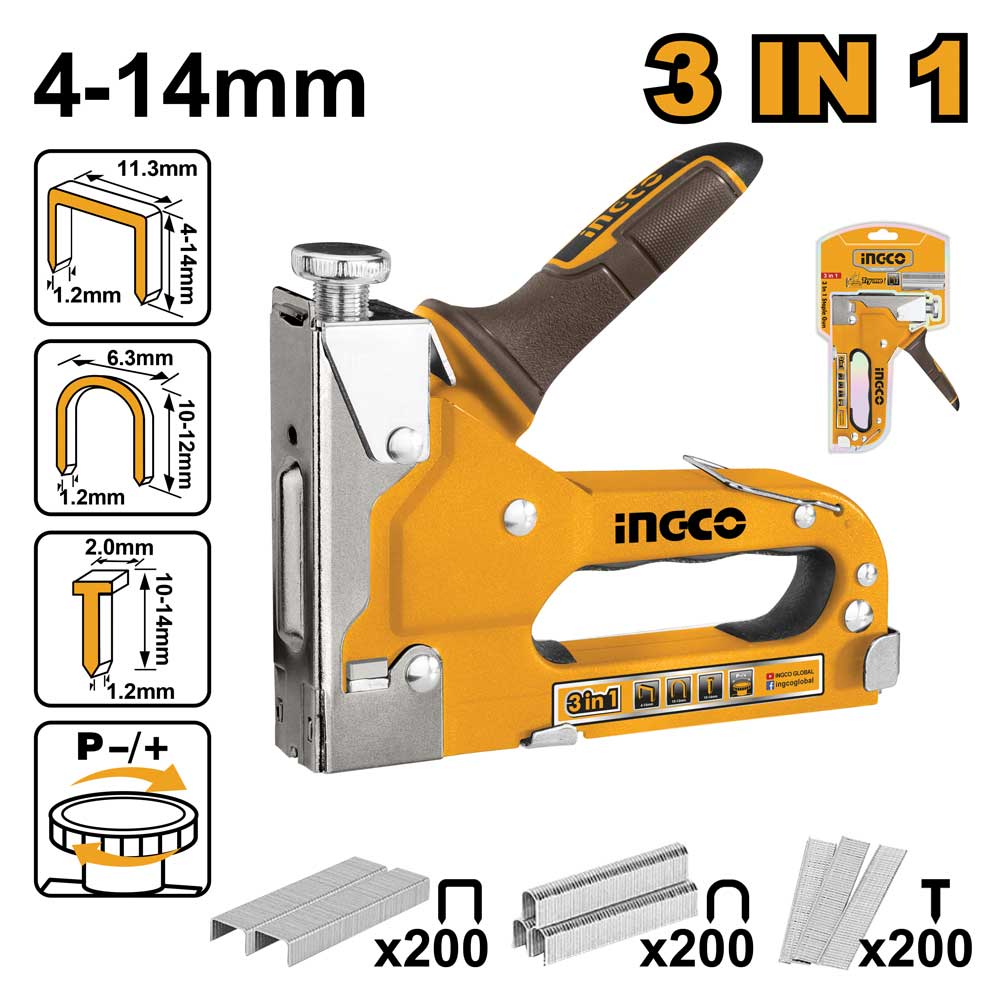 Graffatrice manuale Ingco 3 in 1 gialla e nera con impugnatura ergonomica, capacità di punti da 4 a 14 mm, include accessori e chiodini, ideale per lavori di ferramenta e bricolage.