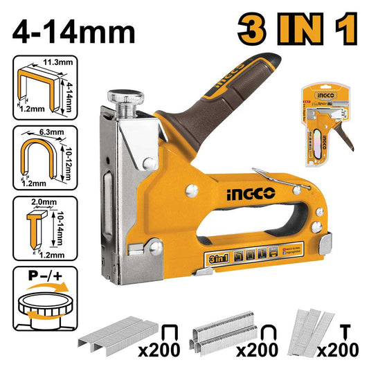 Graffatrice manuale Ingco 3 in 1 gialla e nera con impugnatura ergonomica, capacità di punti da 4 a 14 mm, include accessori e chiodini, ideale per lavori di ferramenta e bricolage.