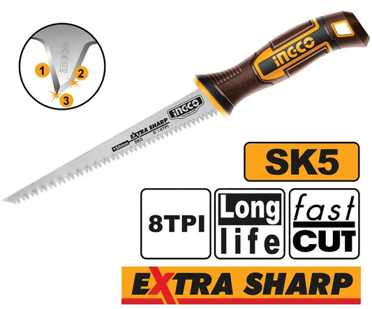 Seghetto per cartongesso Ingco SK5 con lama da 150 mm, dentellatura tripla, manico ergonomico marrone e dettagli in giallo e nero