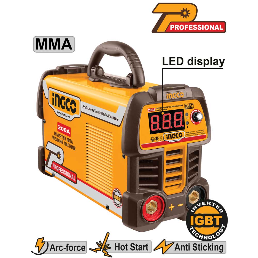Saldatrice inverter MMA 200A IGBT di colore giallo e nero con display LED, supporto elettrodo e morsetti, ideale per saldature professionali