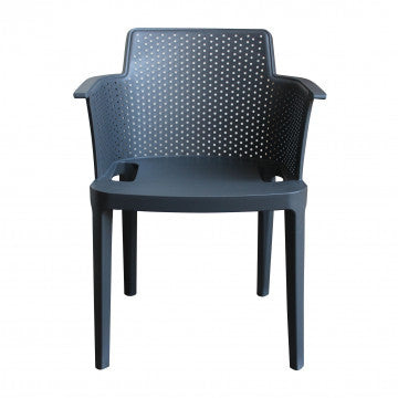 Poltrona Cathy antracite vista frontale, struttura traforata in polipropilene. Seduta comoda e resistente, perfetta per arredamento versatile.