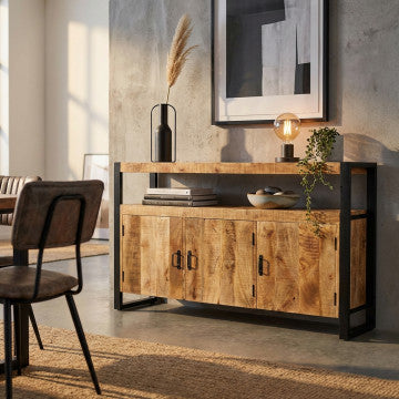 Mobile in legno di mango con 3 ante, 150x40x90 cm, struttura in metallo