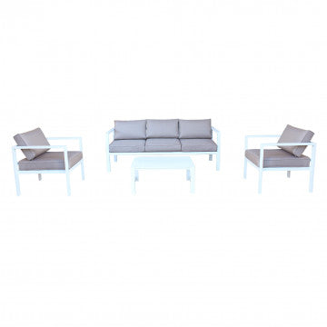 Salotto 3 posti in alluminio con cuscini, struttura bianca, 184x70 cm
