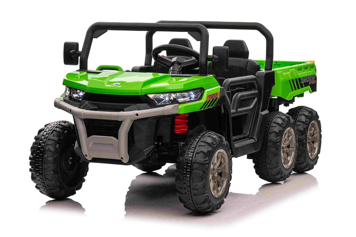 Jeep elettrica per bambini verde con dettagli neri, fari LED, grandi ruote tassellate, volante e sedili neri, ideale per avventure all'aperto