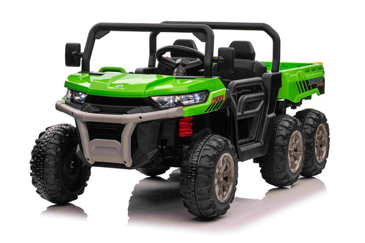 Jeep elettrica per bambini verde con dettagli neri, fari LED, grandi ruote tassellate, volante e sedili neri, ideale per avventure all'aperto
