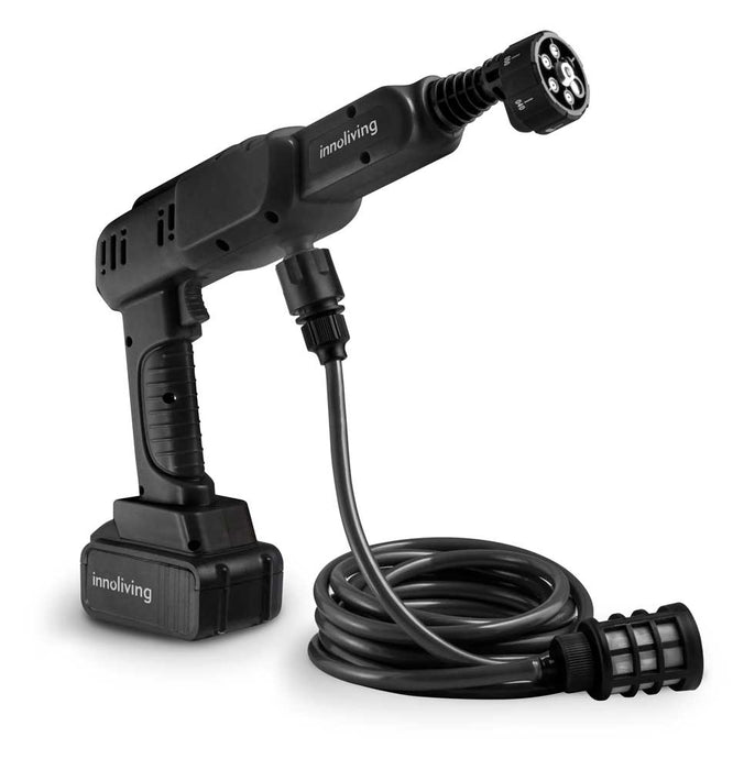 Idropulitrice portatile senza filo Innoliving con batteria da 18,5V, corpo nero, tubo flessibile e ugello rotante, ideale per pulizie esterne.