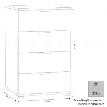 Cassettiera 4 cassetti in truciolare bilaminato rovere grigio 60x38x85cm