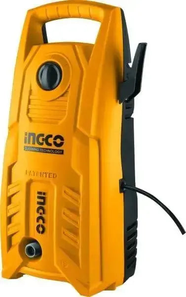 Idropulitrice 1400W 130 bar con accessori Ingco per auto e giardino, design compatto e maniglia integrata per facile trasporto. Ideale per pulizie ad alta pressione.