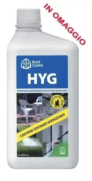 Detergente igienizzante HYG in omaggio per idropulitrici, specifico per sanificare superfici esterne e attrezzature da giardino.
