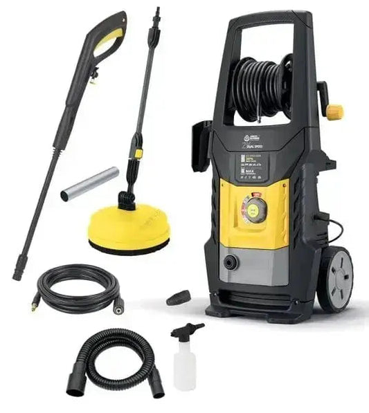 Idropulitrice 160 bar 2 velocità 2k con accessori, manico telescopico, avvolgitubo e lancia, ideale per lavaggio auto e superfici esterne.