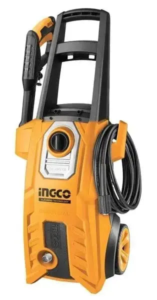 Idropulitrice 1800w 150bar con accessori INGCO per auto e giardino, con tubo avvolgibile e pistola ad alta pressione. Ideale per pulizia veicoli.