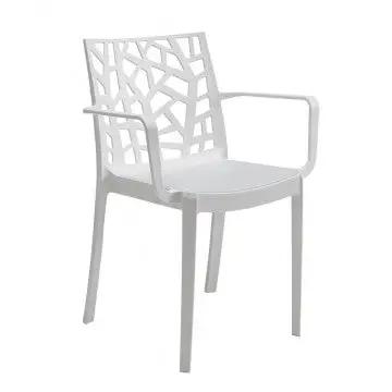 Poltrona Matrix bianca impilabile in polipropilene con schienale decorativo, perfetta per ambienti minimalisti e moderni.