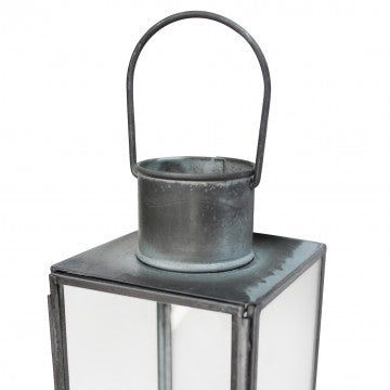 Lanterna in metallo e vetro grigio, dimensioni 10x10x46 cm