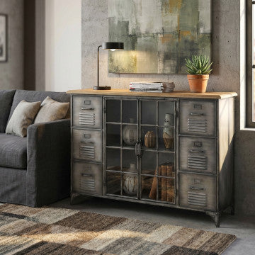 Mobile in ferro e legno con 2 ante e 6 cassetti, 124,5 x 40,5 x 83 cm