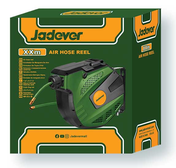 Imballo originale con scatola verde e arancione di Jadever, contenente avvolgitubo automatico aria compressa 14+1 metri, SKU: J/JDAZ3515