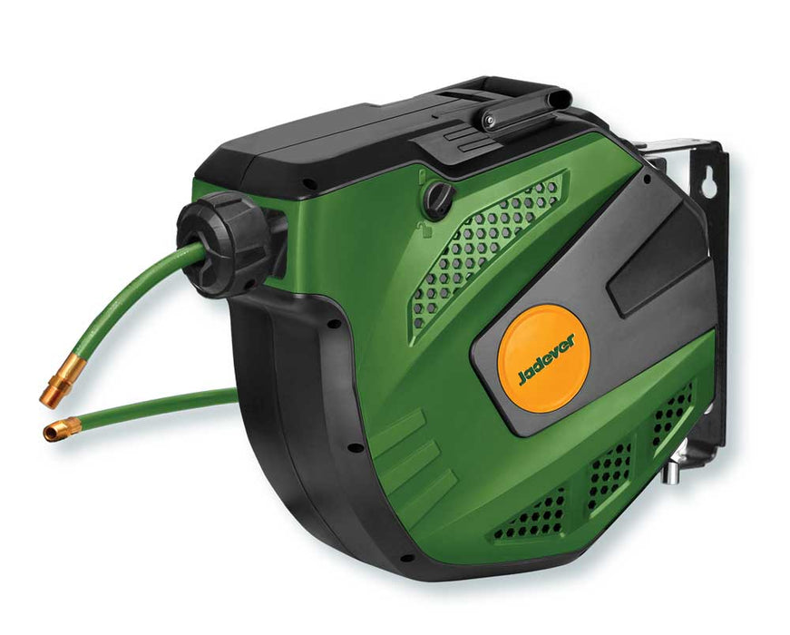 Avvolgitubo automatico aria compressa verde e nero con tubo da 14+1 metri, pratico per organizzare e riavvolgere tubi di aria compressa, SKU: J/JDAZ3515