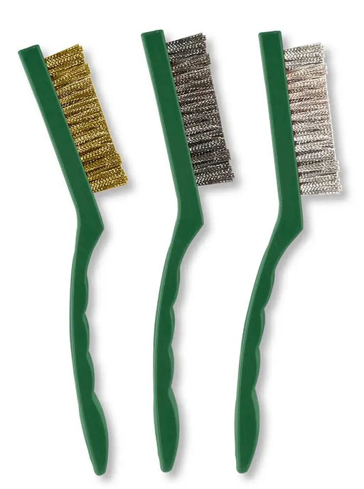 Set spazzole abrasive 9P da 23 cm con manico verde e setole in nylon, ottone e metallo, ideali per rimozione ruggine e pulizia materiali vari.