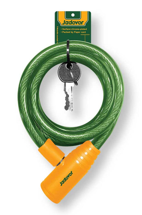 Bici fissata con il lucchetto antifurto Jadever, cavo in acciaio verde con rivestimento trasparente, chiave inclusa, protezione furti
