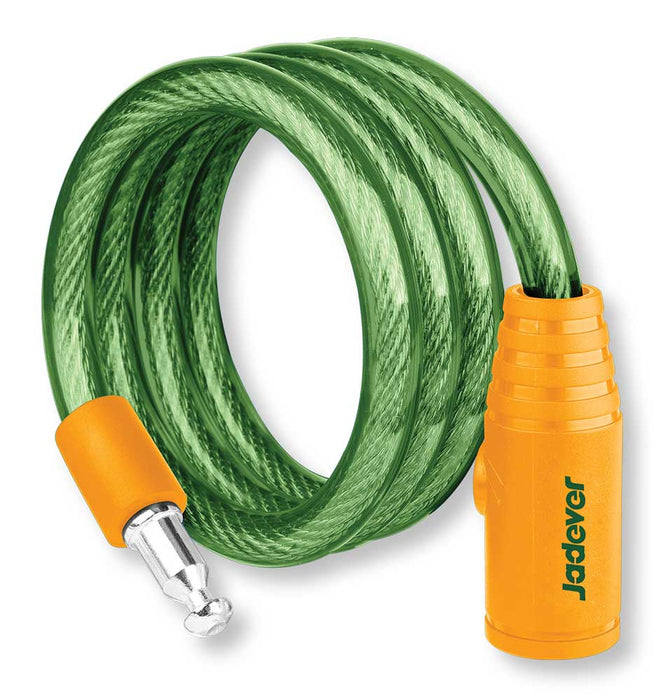 Lucchetto antifurto per bici con cavo in acciaio verde trasparente, manico giallo in plastica con logo Jadever, sicurezza robusta