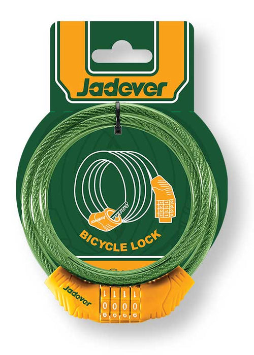 Confezione con lucchetto bici combinazione numeri, cavo verde e meccanismo a combinazione, marchio Jadever, per sicurezza e praticità.