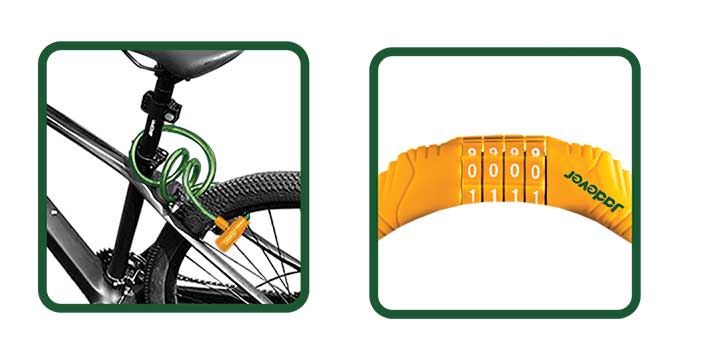 Immagine di una bicicletta con lucchetto combinazione numeri, cavo verde e blocco arancione, per proteggere la bici da furti.