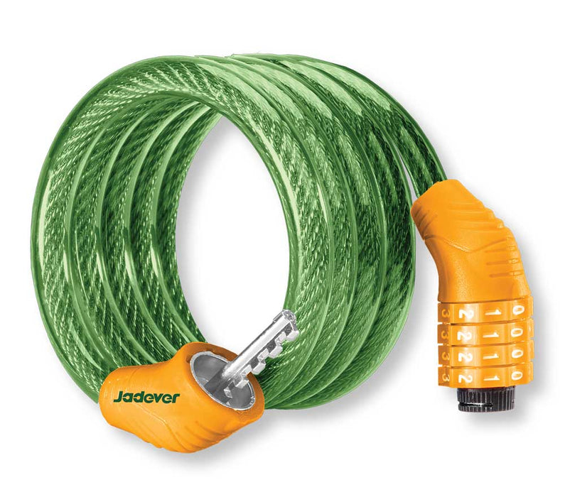 Lucchetto bici combinazione numeri, resistente, con cavo in plastica verde e meccanismo a combinazione numerica arancione, per sicurezza.