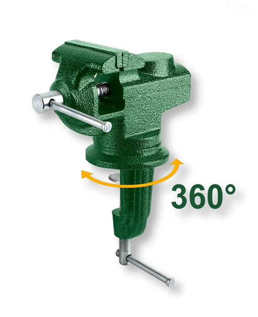 Morsa da banco in ghisa 50mm con base girevole a 360° e incudine, perfetta per uso professionale e domestico in officina.