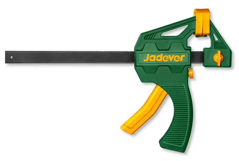 Morsetto sgancio rapido 60 mm in plastica verde e gialla, con manico ergonomico e barra di bloccaggio per fissaggi professionali, SKU: J/JDCP4306