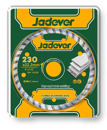 Disco diamantato turbo da 230 mm con diametro di 22,2 mm, design con logo Jadever, ideale per tagli a secco e umido, confezionato in scatola con logo Jadever