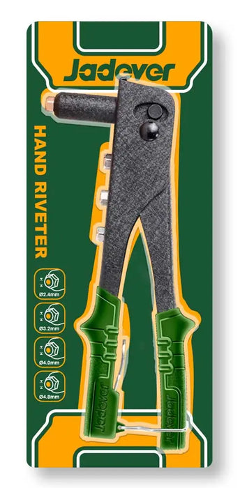 Confezione blister della Rivettatrice Manuale 10.5P Jadever, utensile per rivetti in alluminio con misure da Ø2.4mm a Ø4.8mm. Perfetta per lavori di precisione.