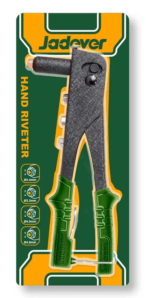 Confezione blister della Rivettatrice Manuale 10.5P Jadever, utensile per rivetti in alluminio con misure da Ø2.4mm a Ø4.8mm. Perfetta per lavori di precisione.