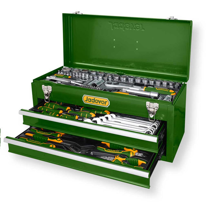 Cassetta portattrezzi in metallo verde con chiusura robusta, dimensioni 520x218x243mm, ideale per utensili professionali e fai-da-te
