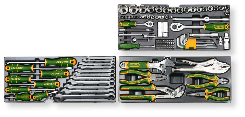 Set di utensili con cacciaviti, chiavi, pinze e altri attrezzi in acciaio, con impugnature ergonomiche giallo-verdi, in contenitore JADAVER