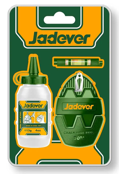 Set completo Jadver con traccialinea 30MT, polvere blu e livella, ideale per misure precise in progetti professionali e domestici.