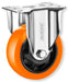 Ruota industriale con struttura in PP e PVC arancione, diametro 75mm, con piastra fissa in metallo e doppio cuscinetto, ideale per carrelli
